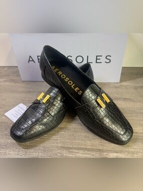 AEROSOLES Paulette Black Croc-Embossed Comfort Loafers Gold Hrdwre SZ 7M $110